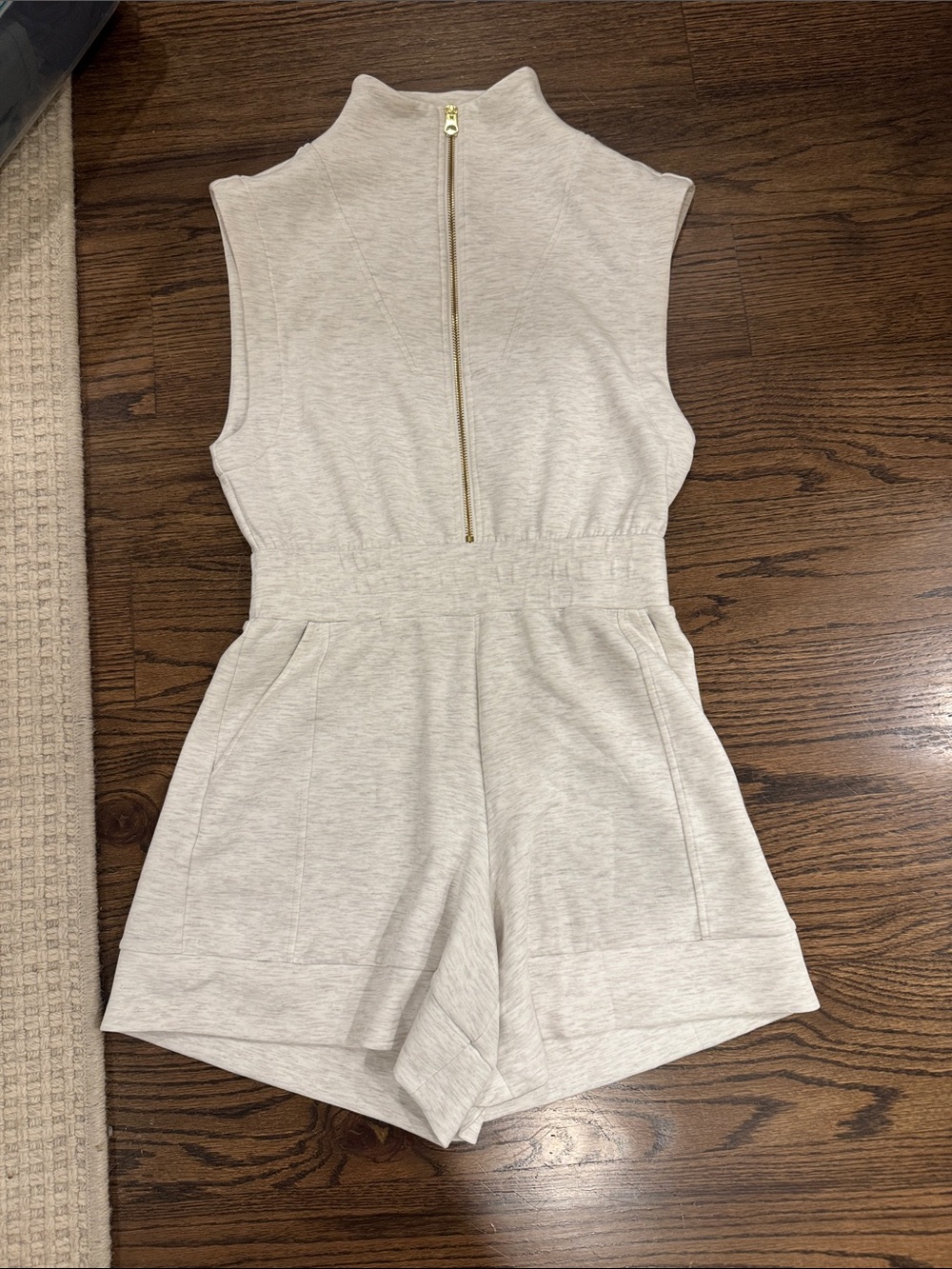Varley Sleeveless Zip-Front One-Piece Romper in Light Heather Beige
